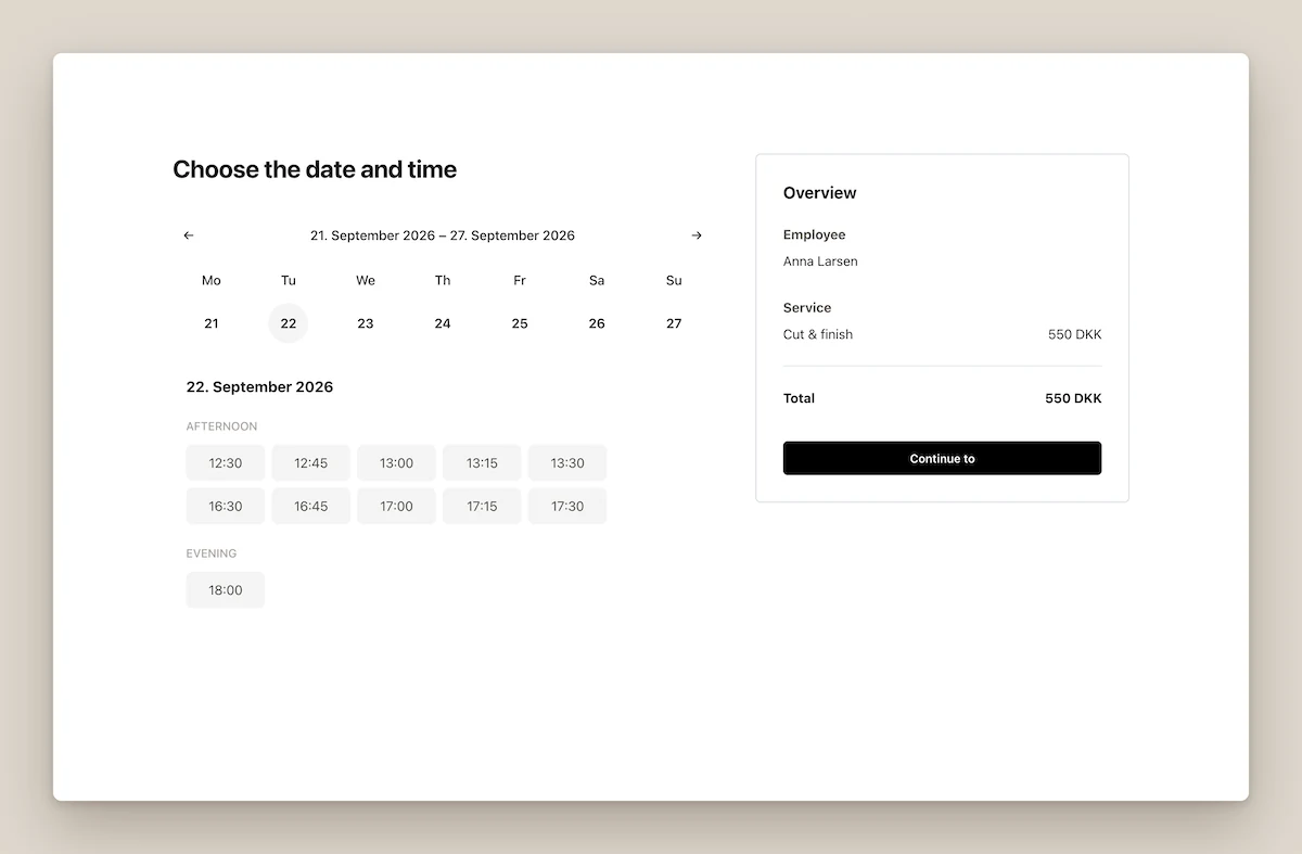 Appointli booking page, choosing a time: a week of dates, the selected day with available start times grouped into afternoon and evening, and the booking overview