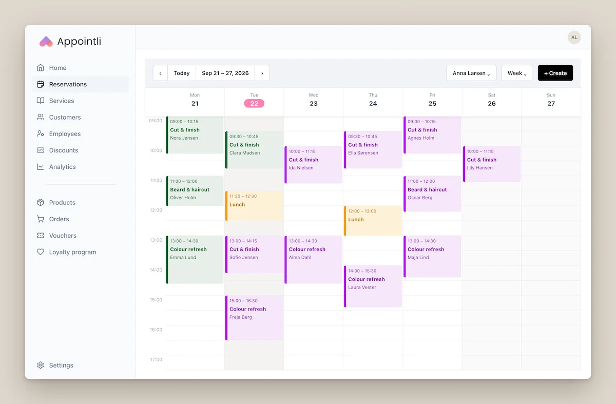 Appointli reservations calendar: a week view for one employee with bookings such as Cut & finish, Beard & haircut and Colour refresh, lunch breaks, and a sidebar with reservations, services, customers, employees, products, orders, vouchers and a loyalty program