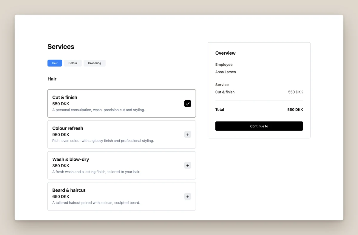 Appointli booking page, choosing a service: tabs for Hair, Colour and Grooming, a list of services with prices and descriptions, and an overview with the chosen employee, service and total