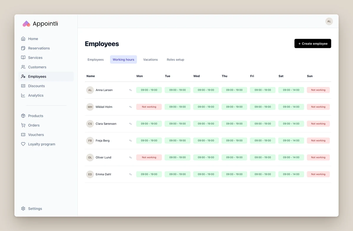 Appointli employees page, working hours tab: a table of employees with their hours for each day of the week and the days they are not working