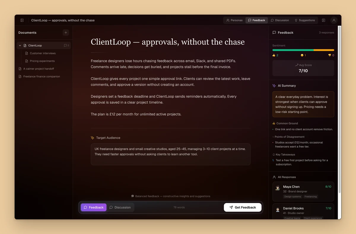 Socrados feedback panel: a sentiment bar, an average score of 7 out of 10, an AI summary, common ground, points of disagreement, key takeaways and a score from each persona