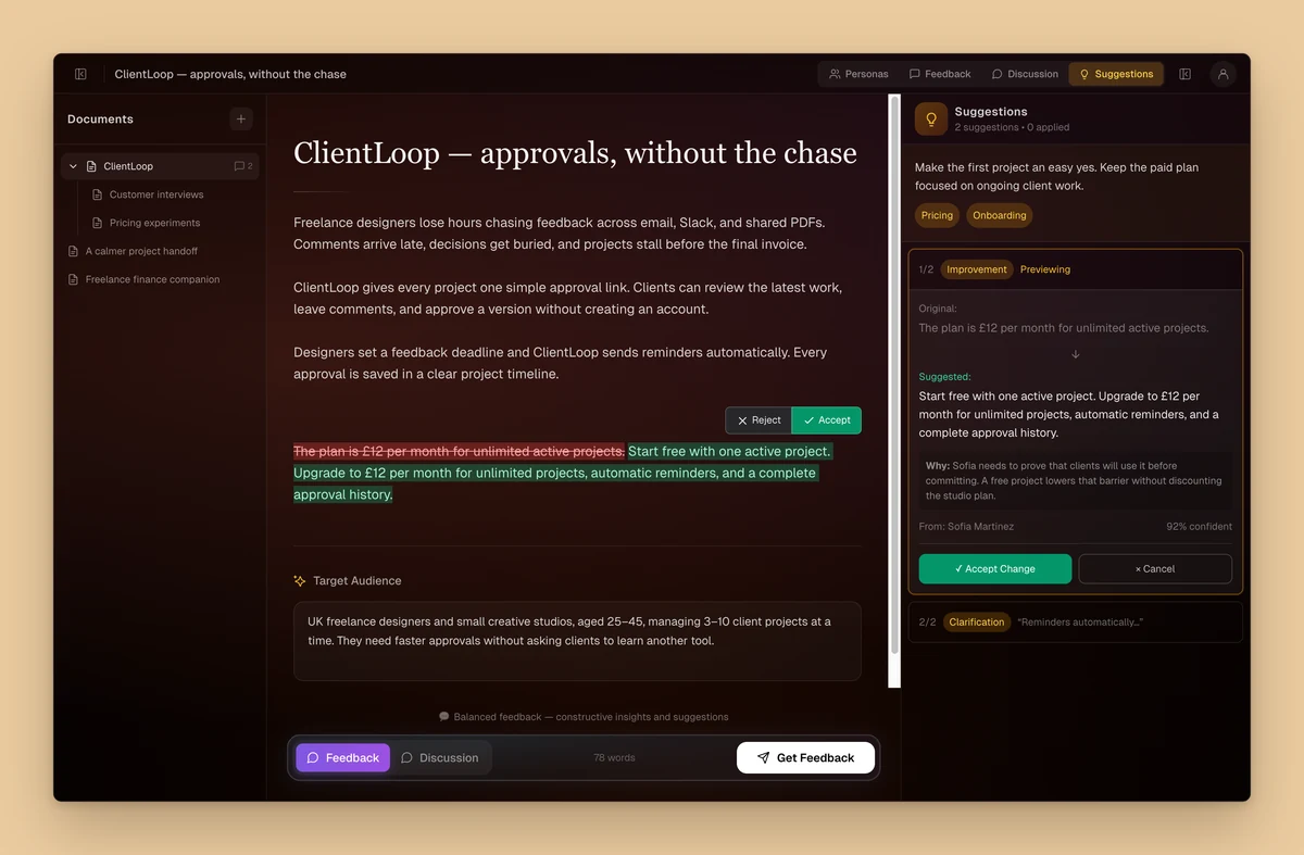 Socrados suggestions: a sentence of the idea document shown as an inline edit with accept and reject buttons, next to a panel with the reason, the persona it came from and a confidence score