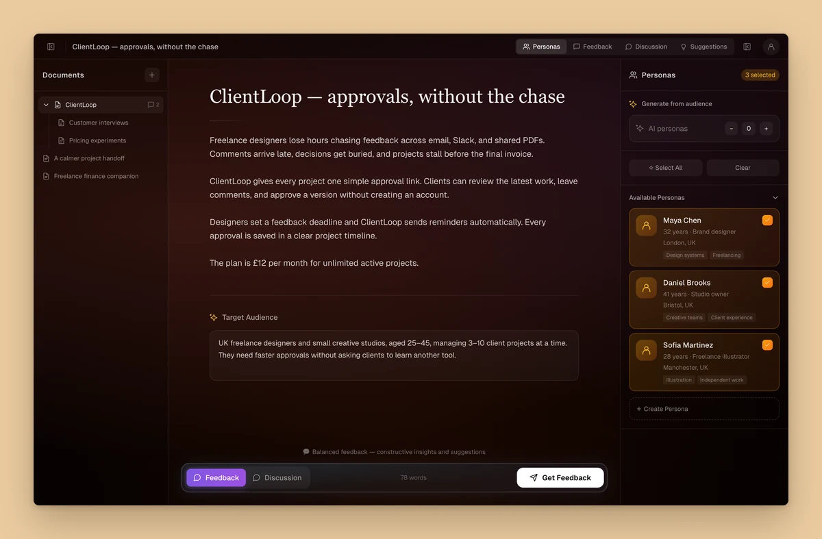 Socrados idea workspace: an idea document called ClientLoop with its target audience, a documents sidebar, and a panel of three selected AI personas with their age, job, city and interests