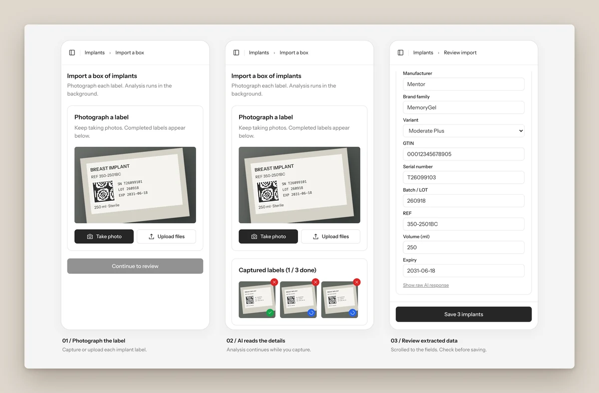 Photo import on a phone in three steps: photograph each implant label, the AI reads the details in the background while you keep capturing, then review the extracted manufacturer, GTIN, serial number, lot, REF, volume and expiry before saving