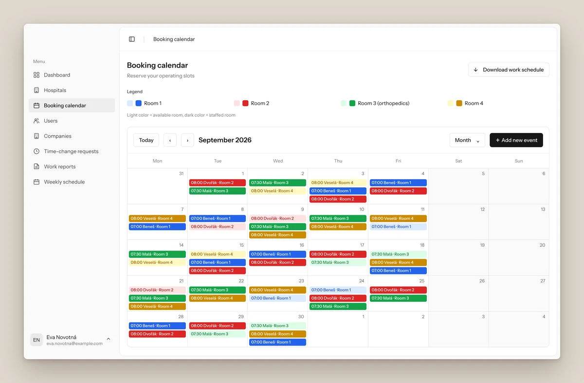 Booking calendar for a month: operating days per room in four colours, light when the day is still open and dark when a doctor and a nurse are booked