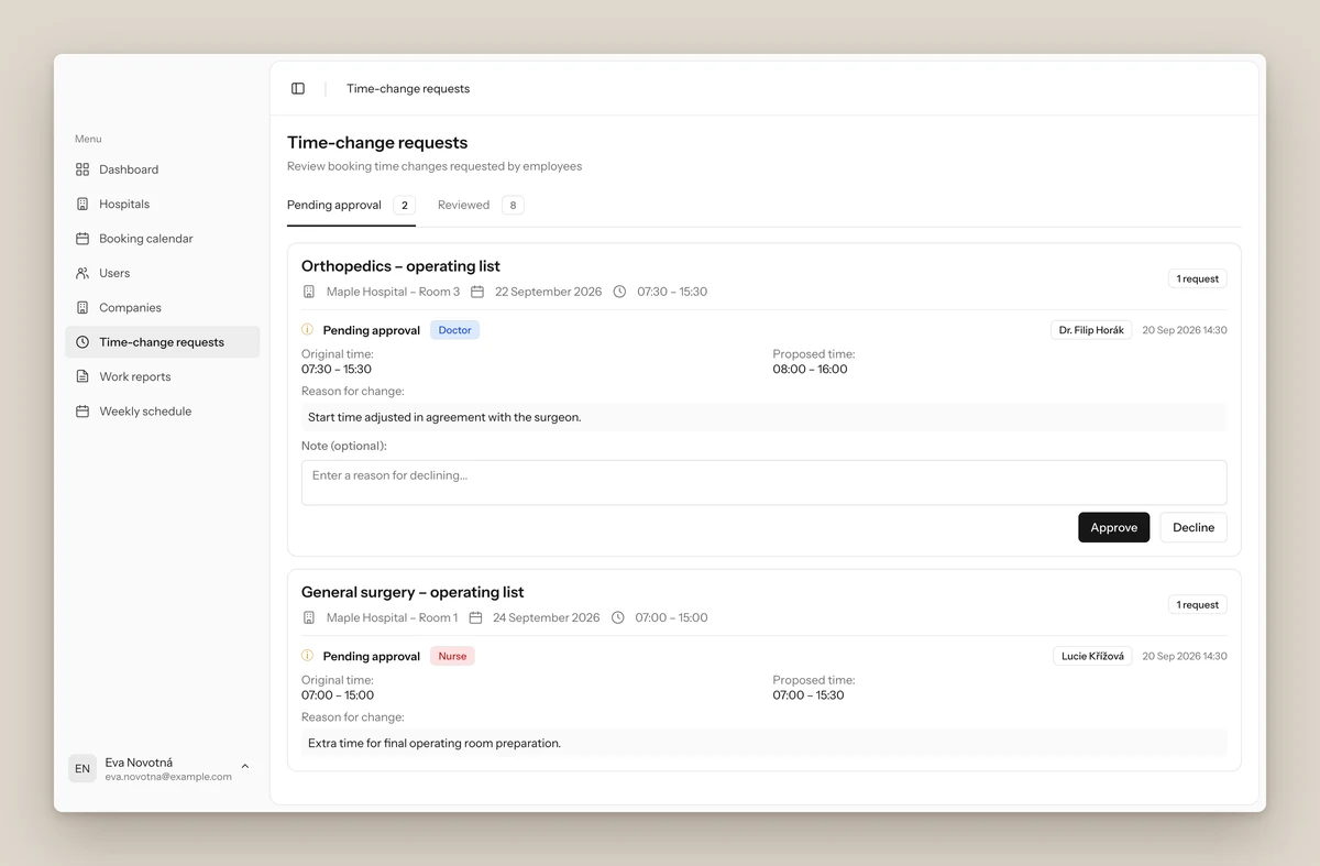 Time-change requests: two pending requests from a doctor and a nurse, each with the original time, the proposed time, a reason and approve or decline buttons