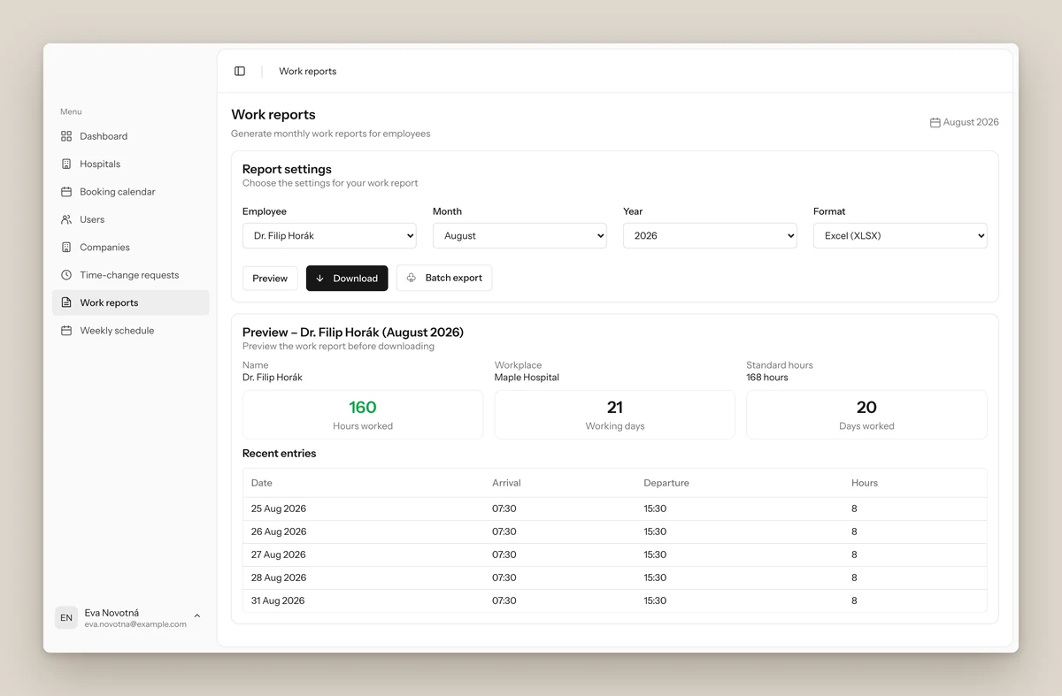 Work reports: choose an employee, month and format, then a preview with hours worked, working days, days worked and the daily entries