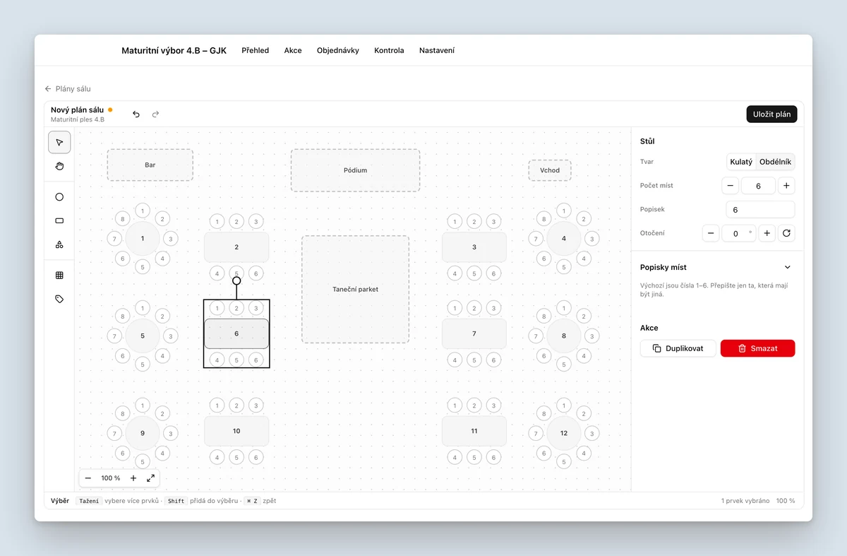 Vstupko seat map builder: a hall plan with round and rectangular tables, a bar, a stage, an entrance and a dance floor, with a side panel for table shape, seat count and rotation
