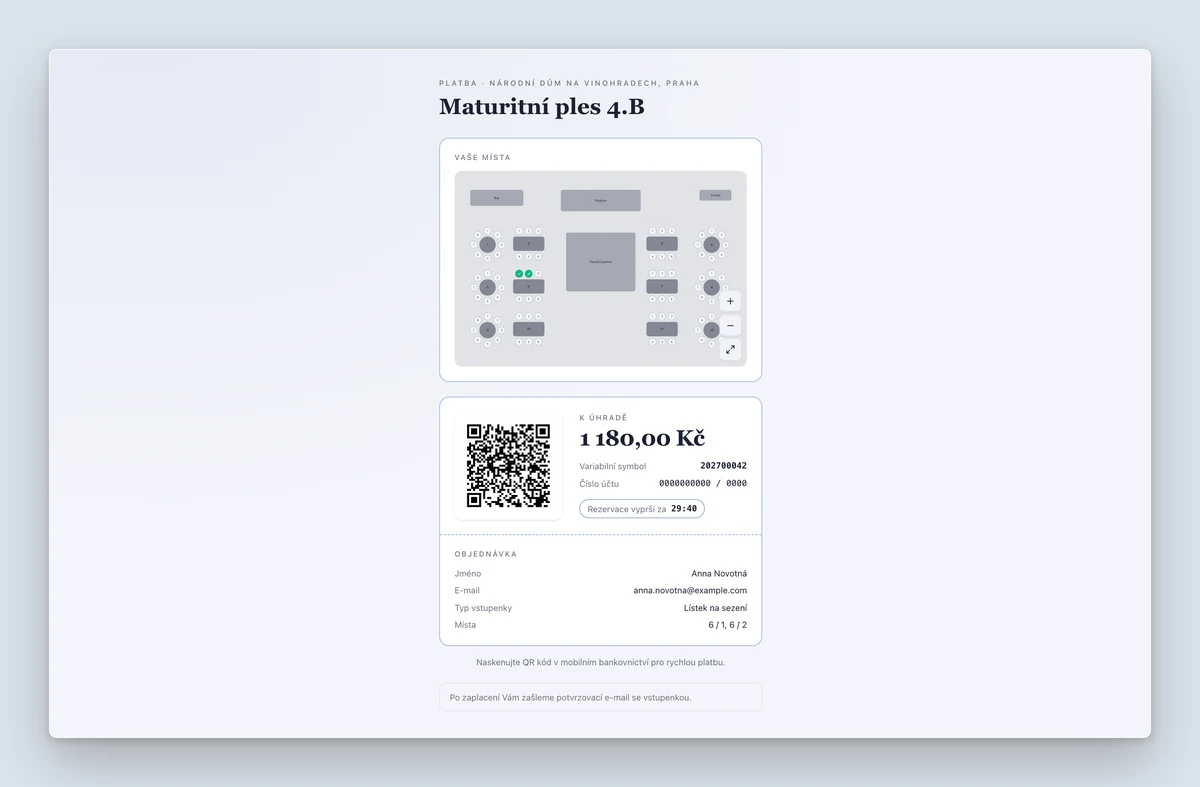 Vstupko payment page: the chosen seats on the map, a payment QR code, the amount, the reference number, the bank account, a countdown until the hold expires and the order summary