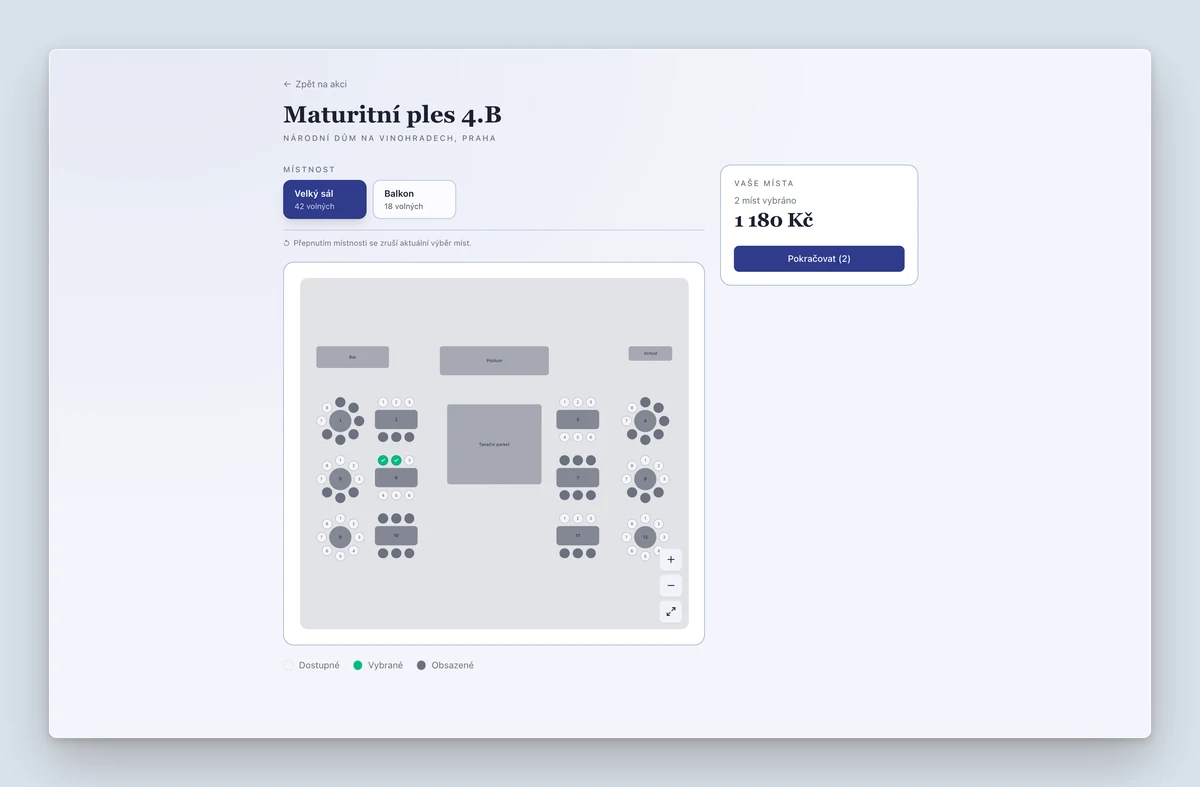 Vstupko seat picker for guests: a switch between two halls, the seat map with available, selected and taken seats, and a summary with the price and a continue button